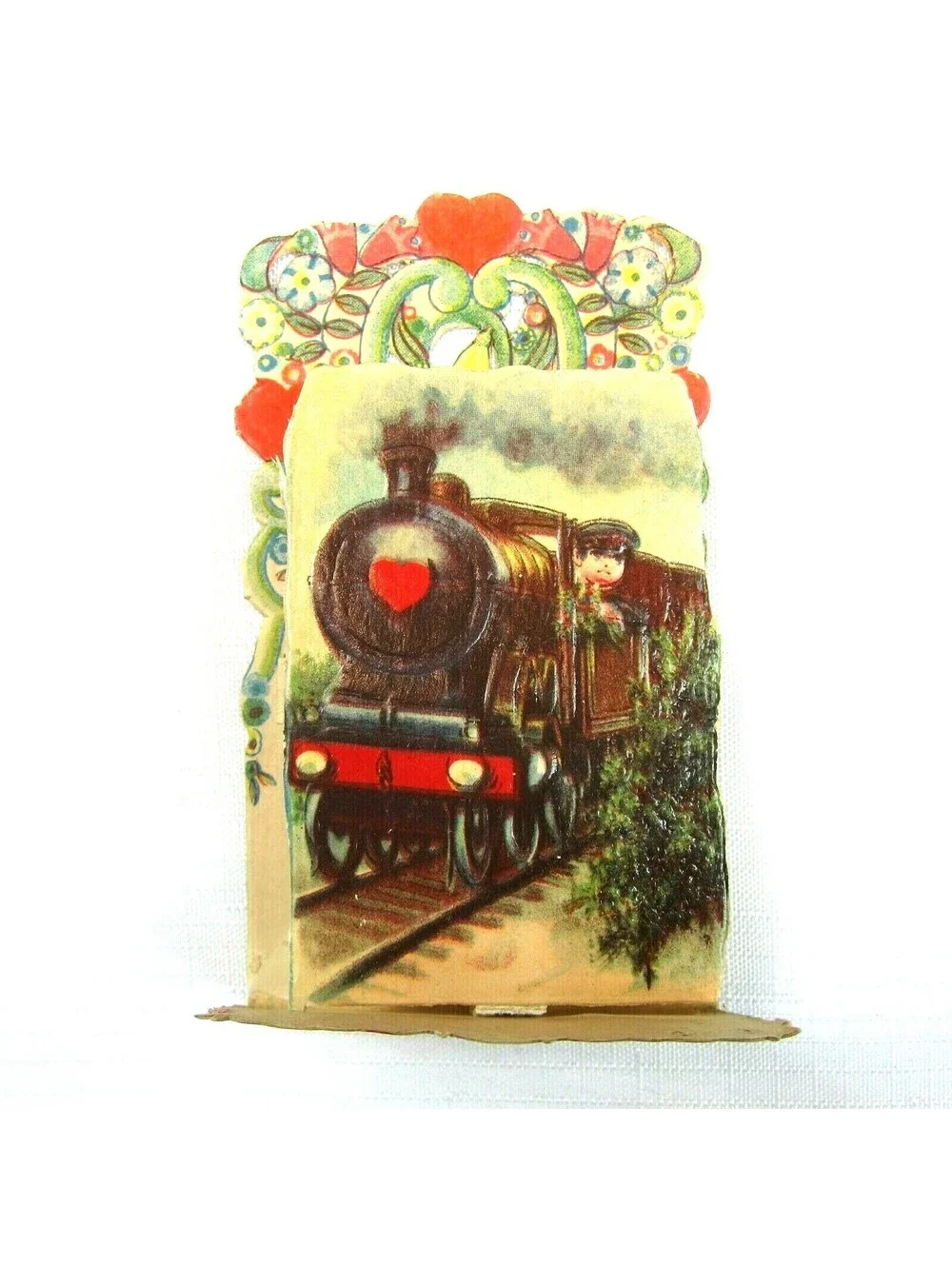 Vintage Valentine Pull Down Die Cut Boy Train Conductor Standup Germany 1920-30s